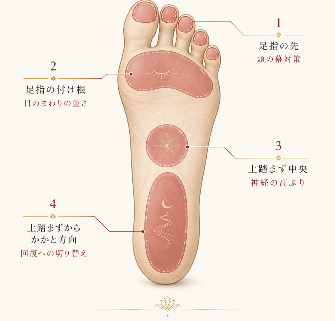 AI脳疲労セルフケアの足裏図。足指の先、足指の付け根、土踏まず中央、土踏まずからかかと方向の4箇所を示している。