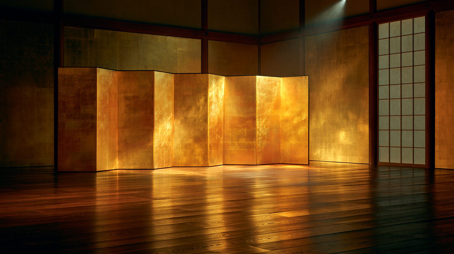 A gold byobu screen in a quiet Japanese hall