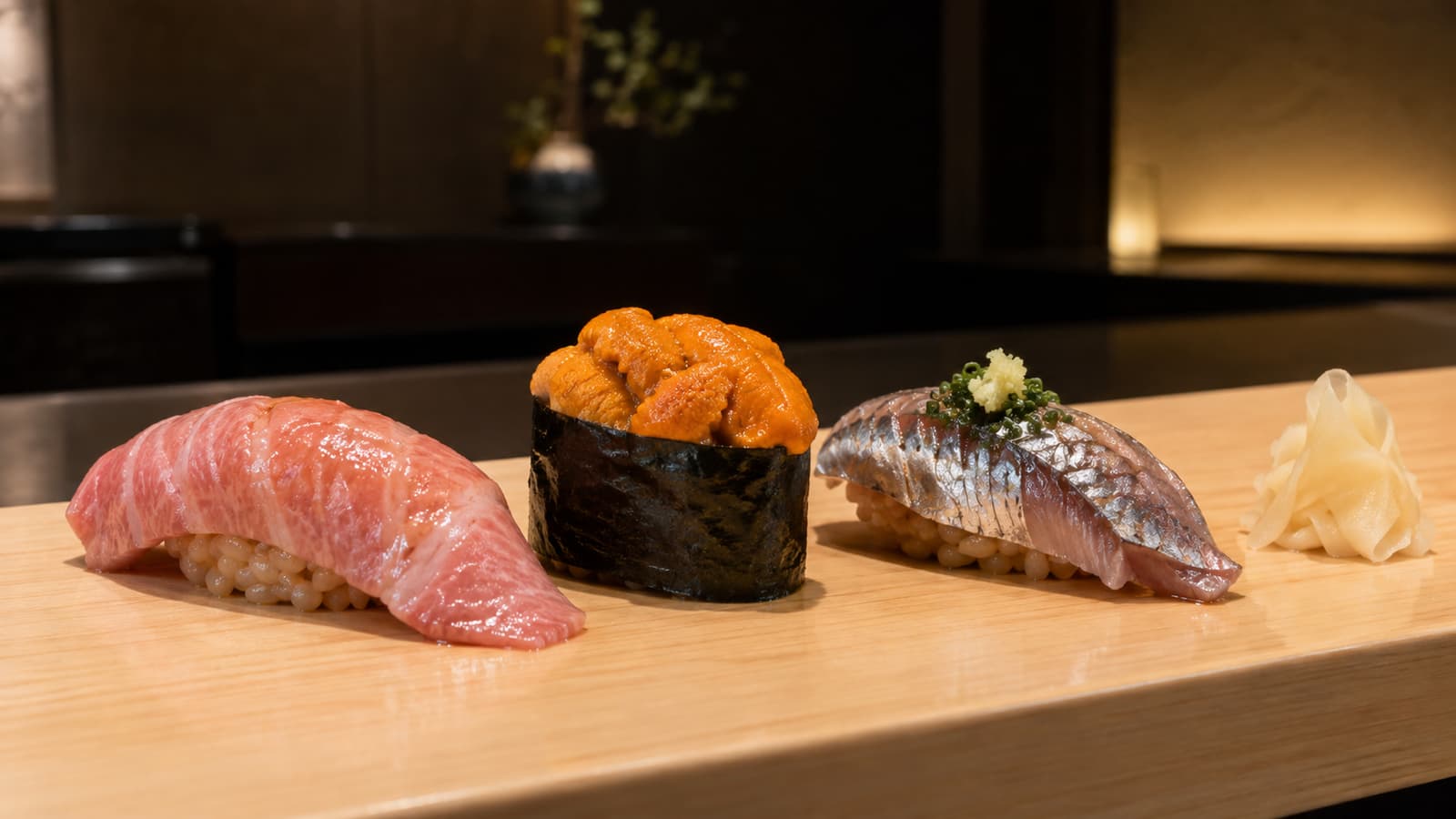 Illustration: Close view of o-toro, sea urchin gunkan and sardine nigiri with small rice and pickled ginger on a hinoki counter