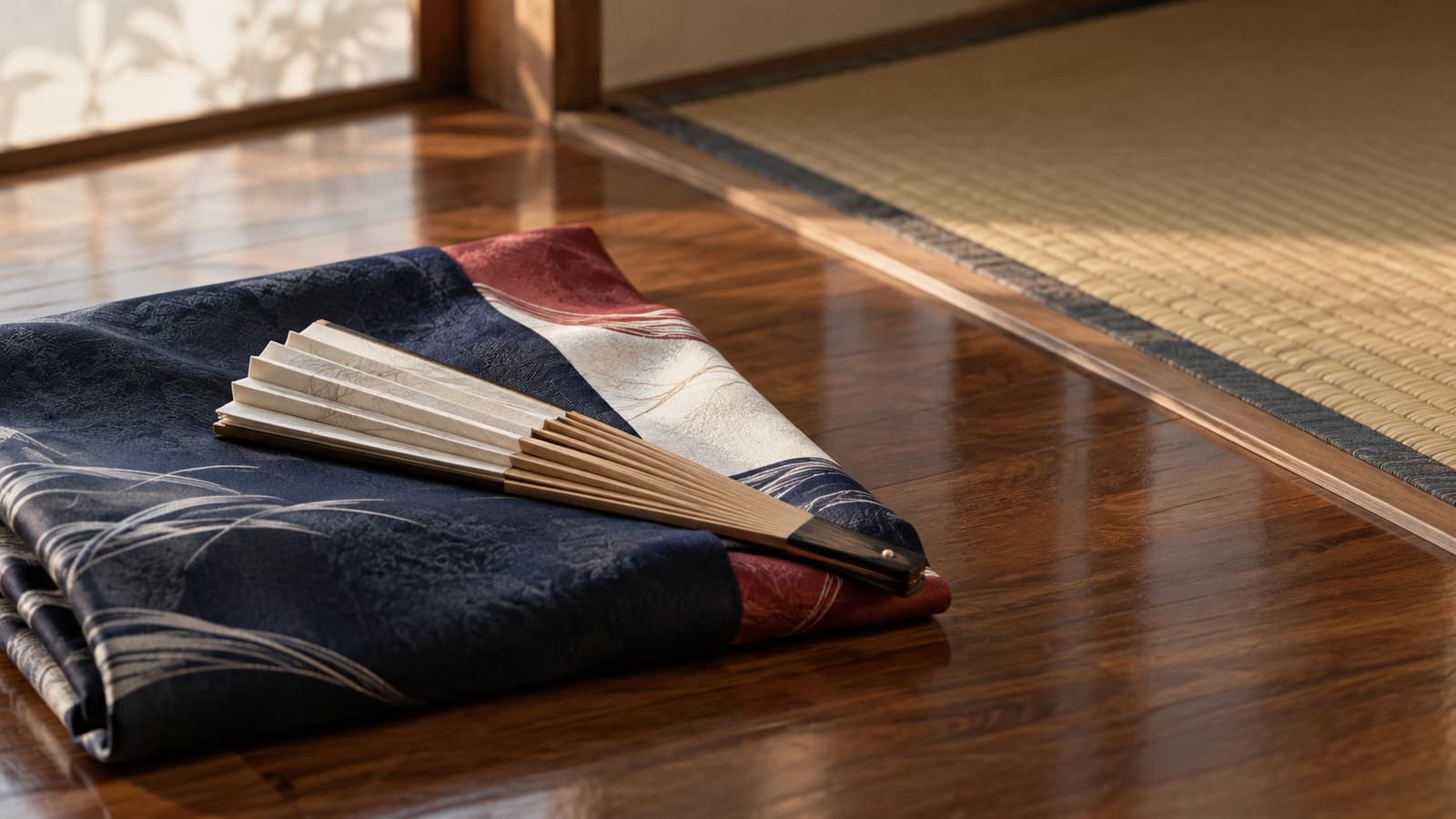 Illustration: A closed folding fan resting on folded indigo and red silk on a polished wooden floor beside tatami
