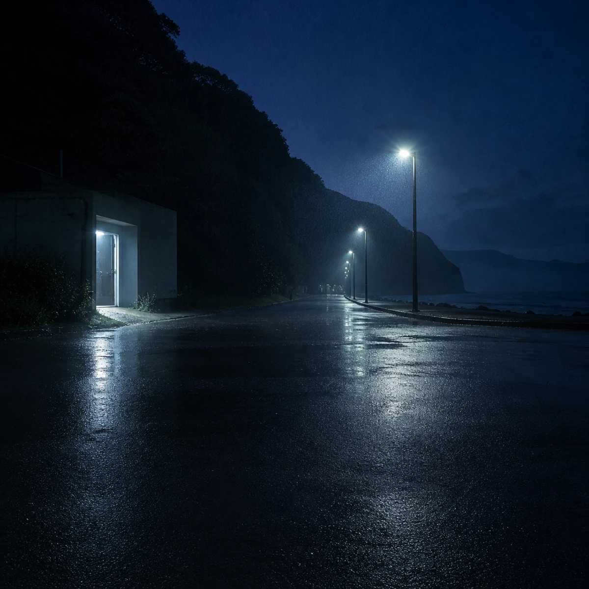熱で揺らぐ夜明けの道。遠くからヘッドライトがこちらへ向かってくる