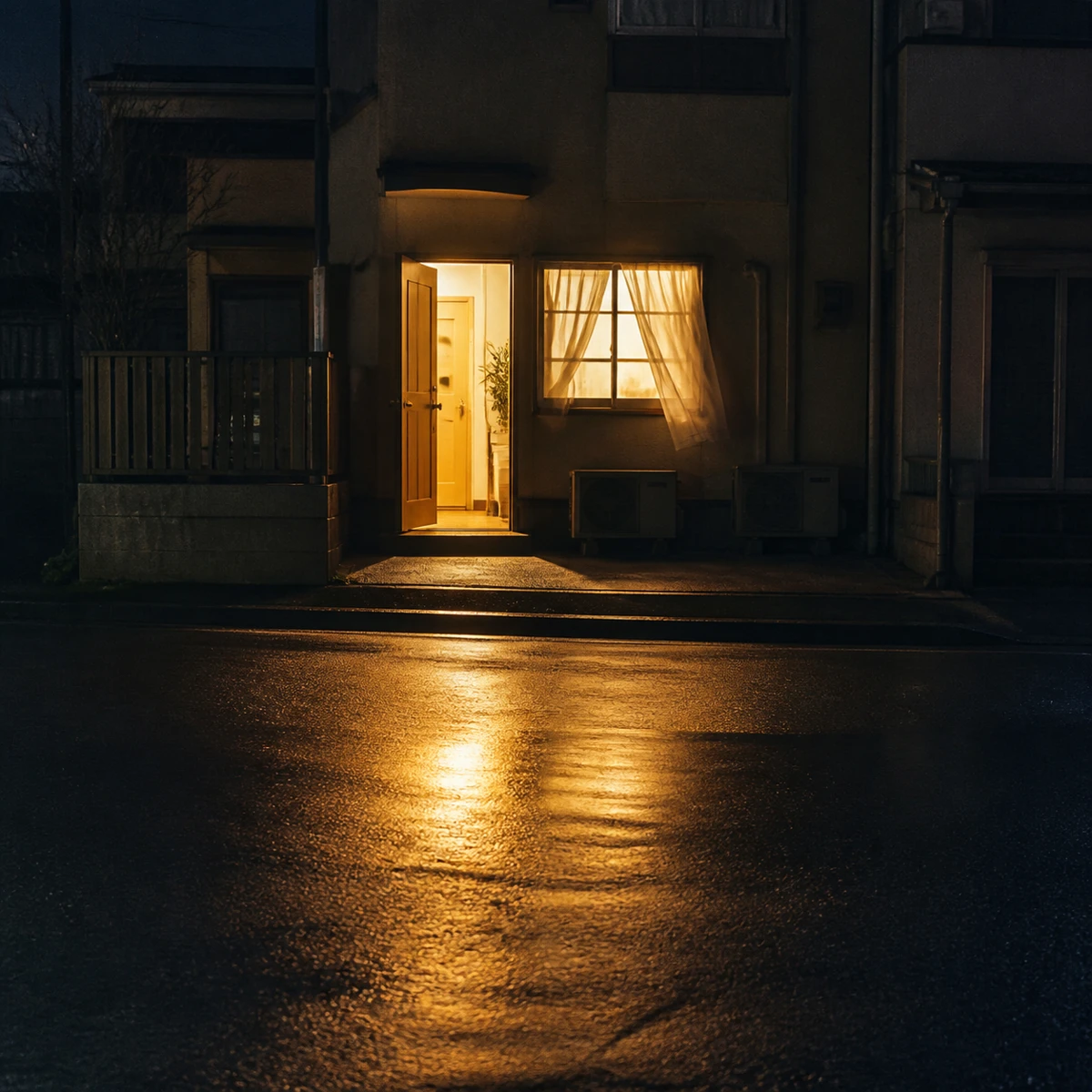 熱で揺らぐ夜明けの道。遠くからヘッドライトがこちらへ向かってくる