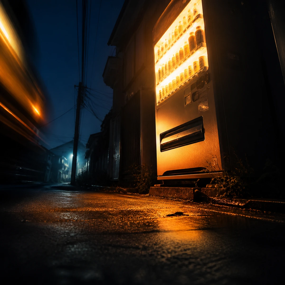熱で揺らぐ夜明けの道。遠くからヘッドライトがこちらへ向かってくる