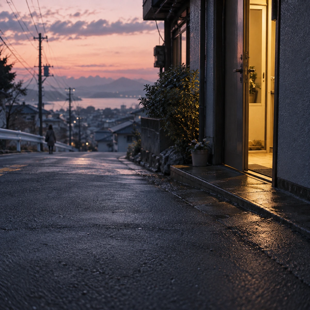 熱で揺らぐ夜明けの道。遠くからヘッドライトがこちらへ向かってくる