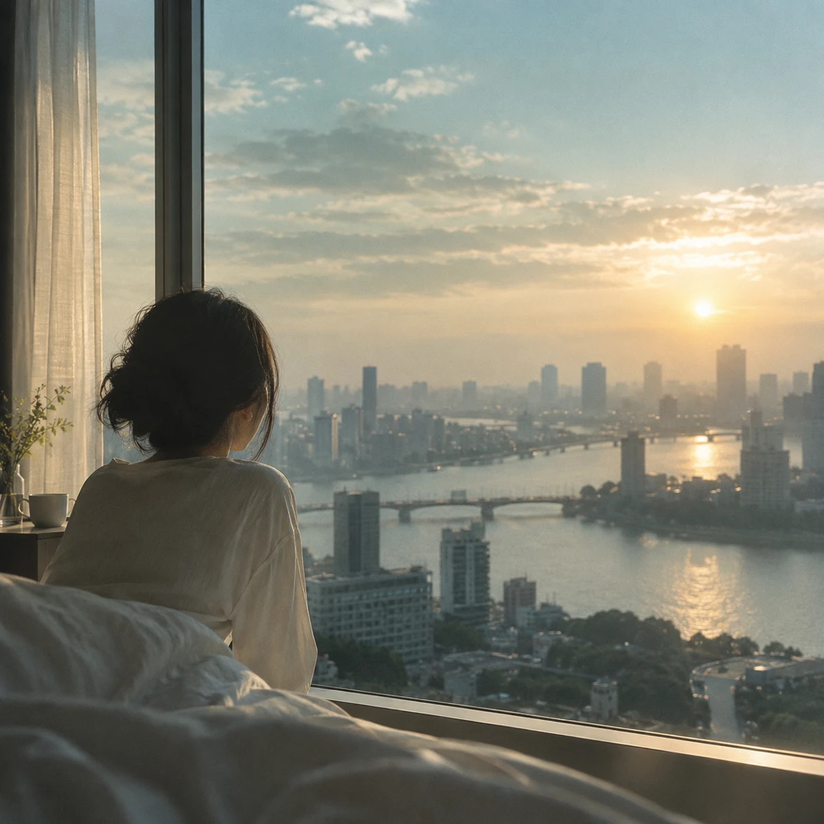 熱で揺らぐ夜明けの道。遠くからヘッドライトがこちらへ向かってくる