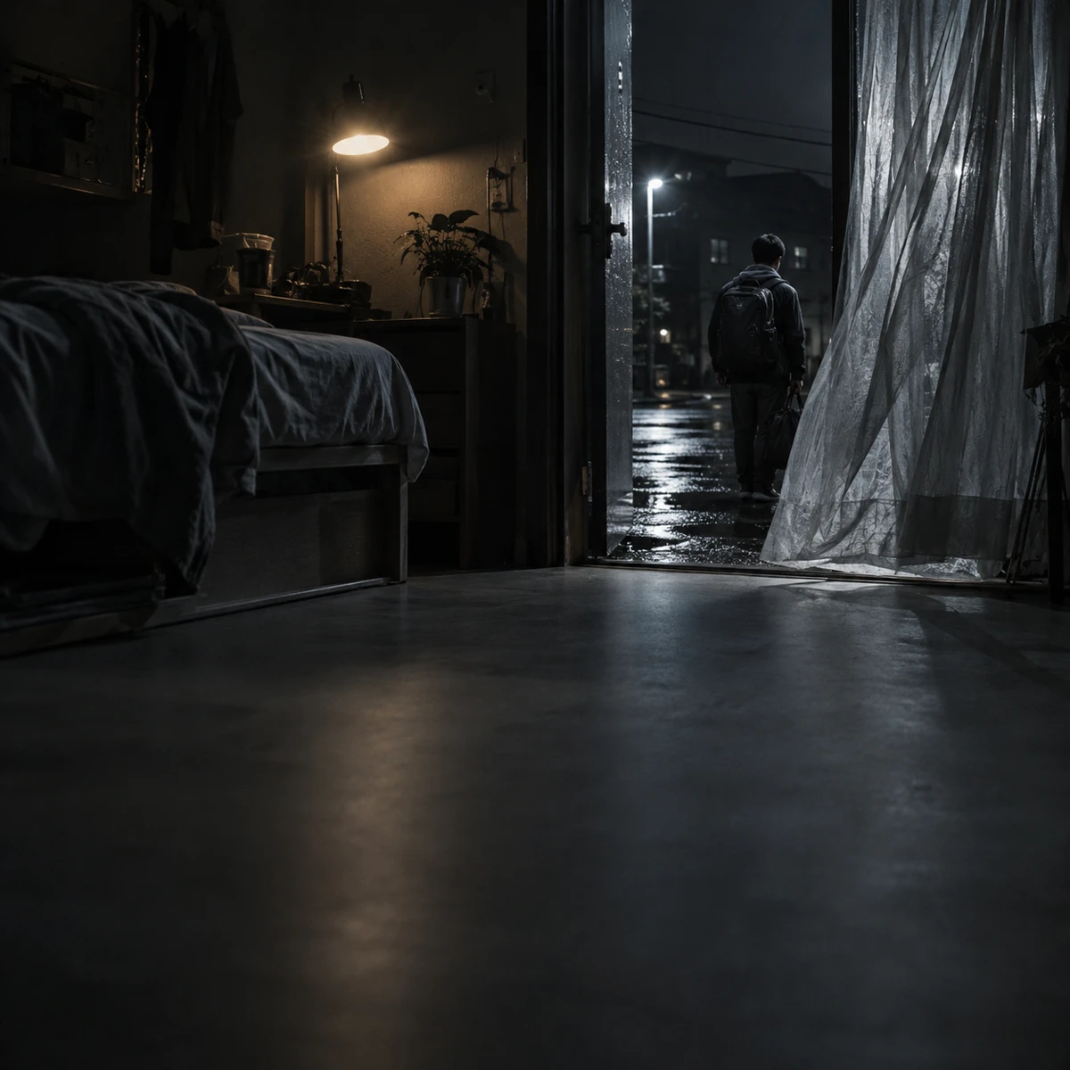 熱で揺らぐ夜明けの道。遠くからヘッドライトがこちらへ向かってくる