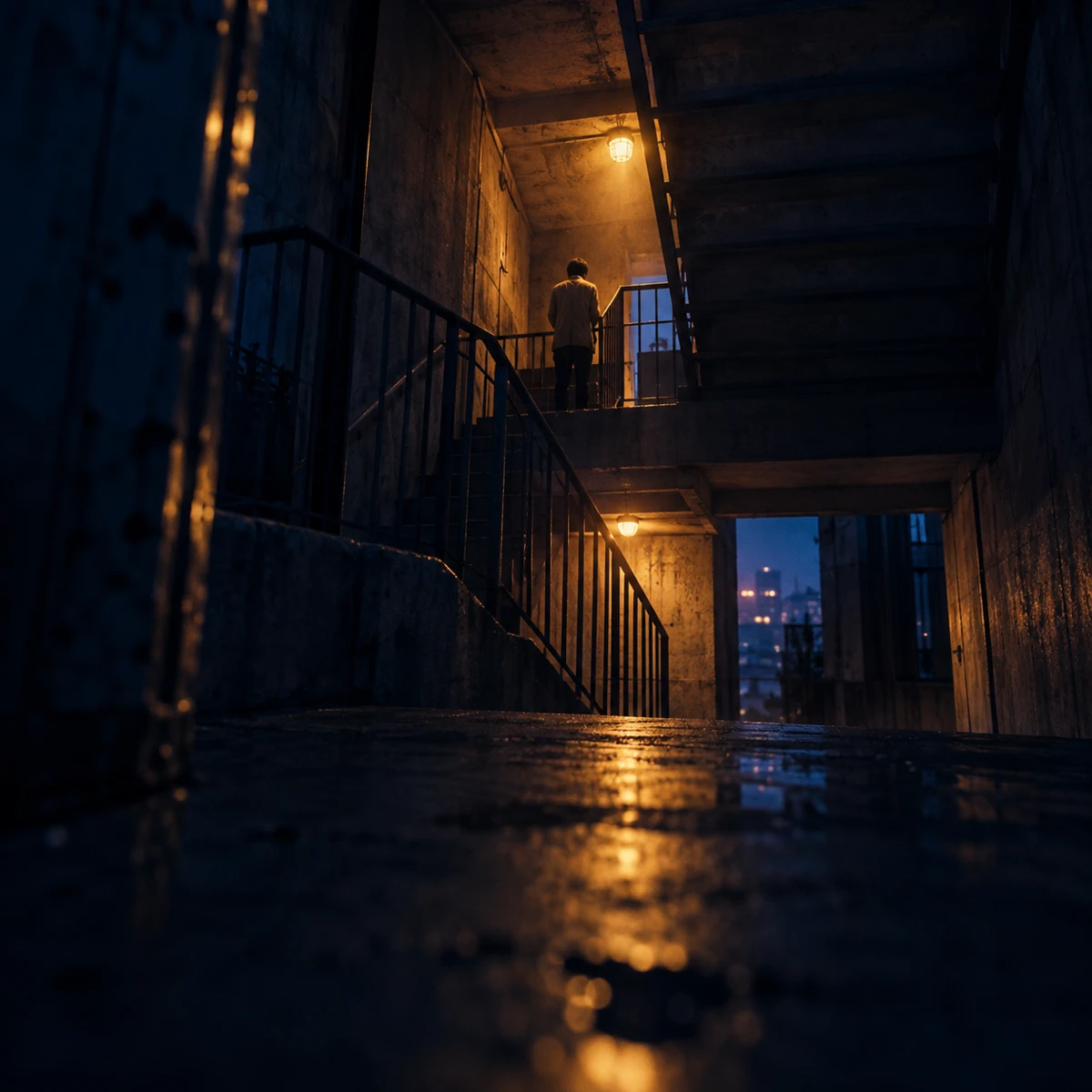熱で揺らぐ夜明けの道。遠くからヘッドライトがこちらへ向かってくる