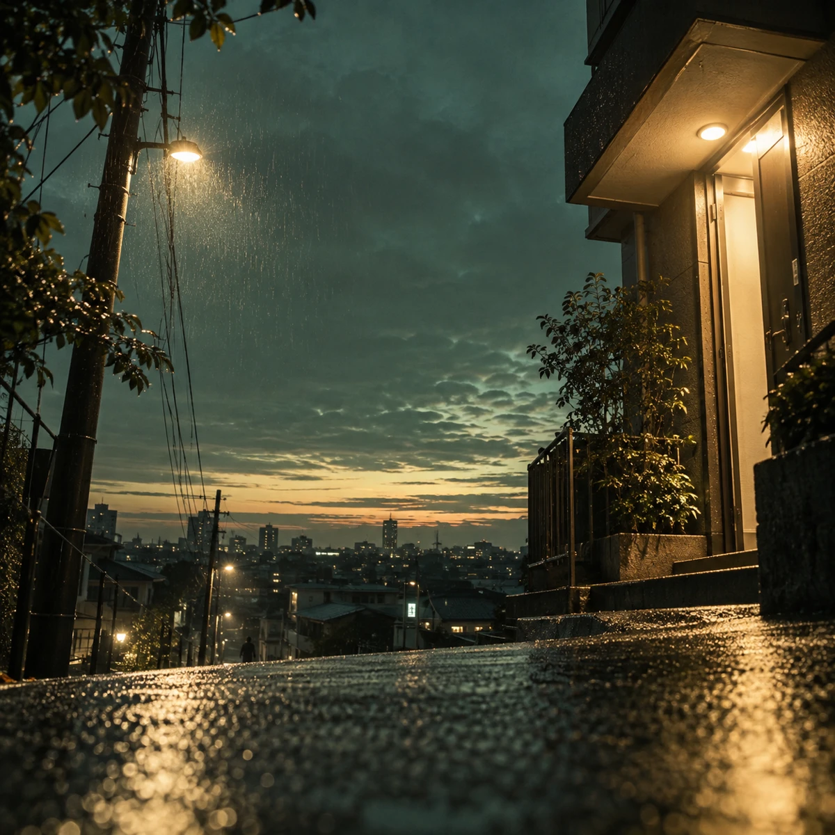 熱で揺らぐ夜明けの道。遠くからヘッドライトがこちらへ向かってくる