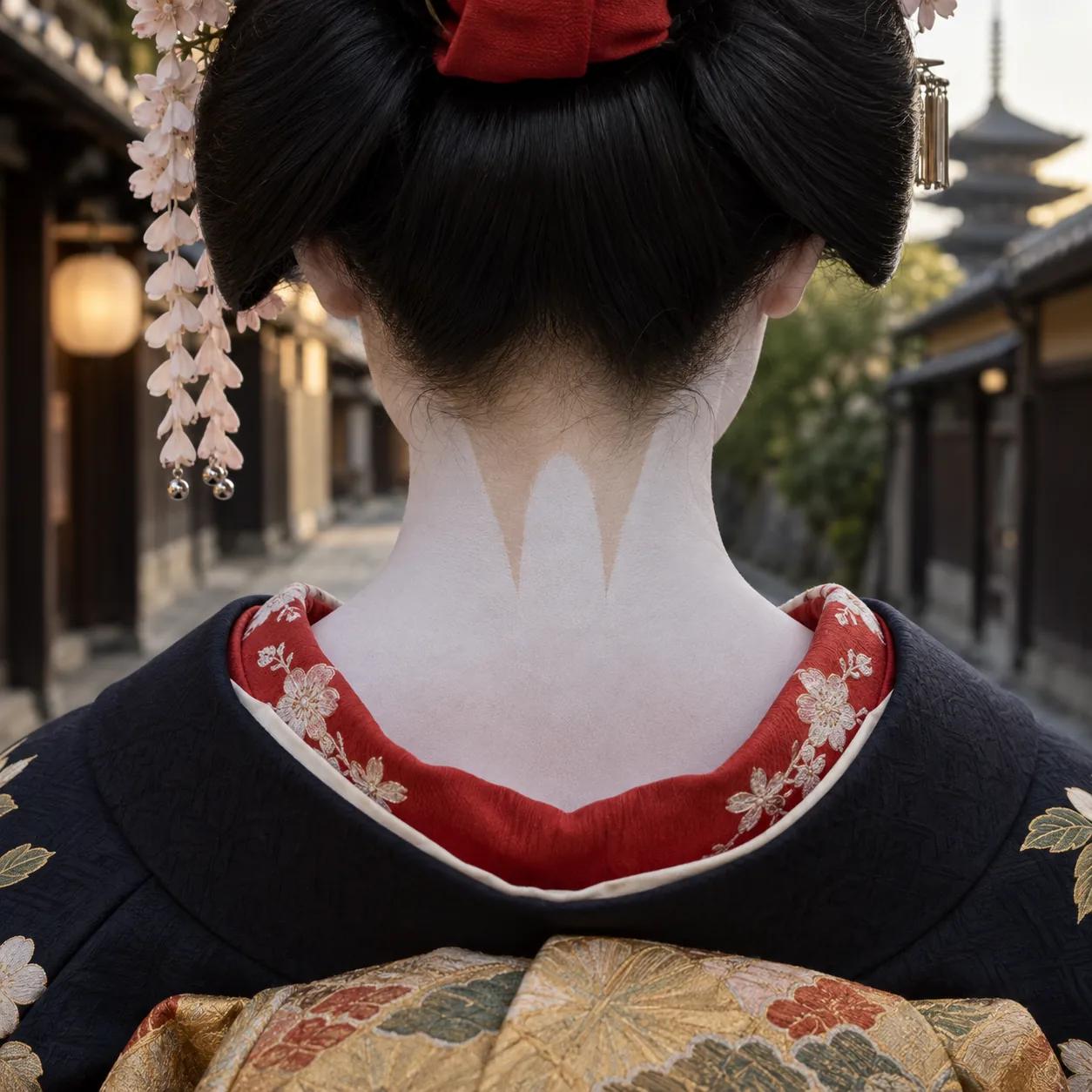 The nape of a maiko from behind: red embroidered collar, white makeup with unpainted lines, hair swept up