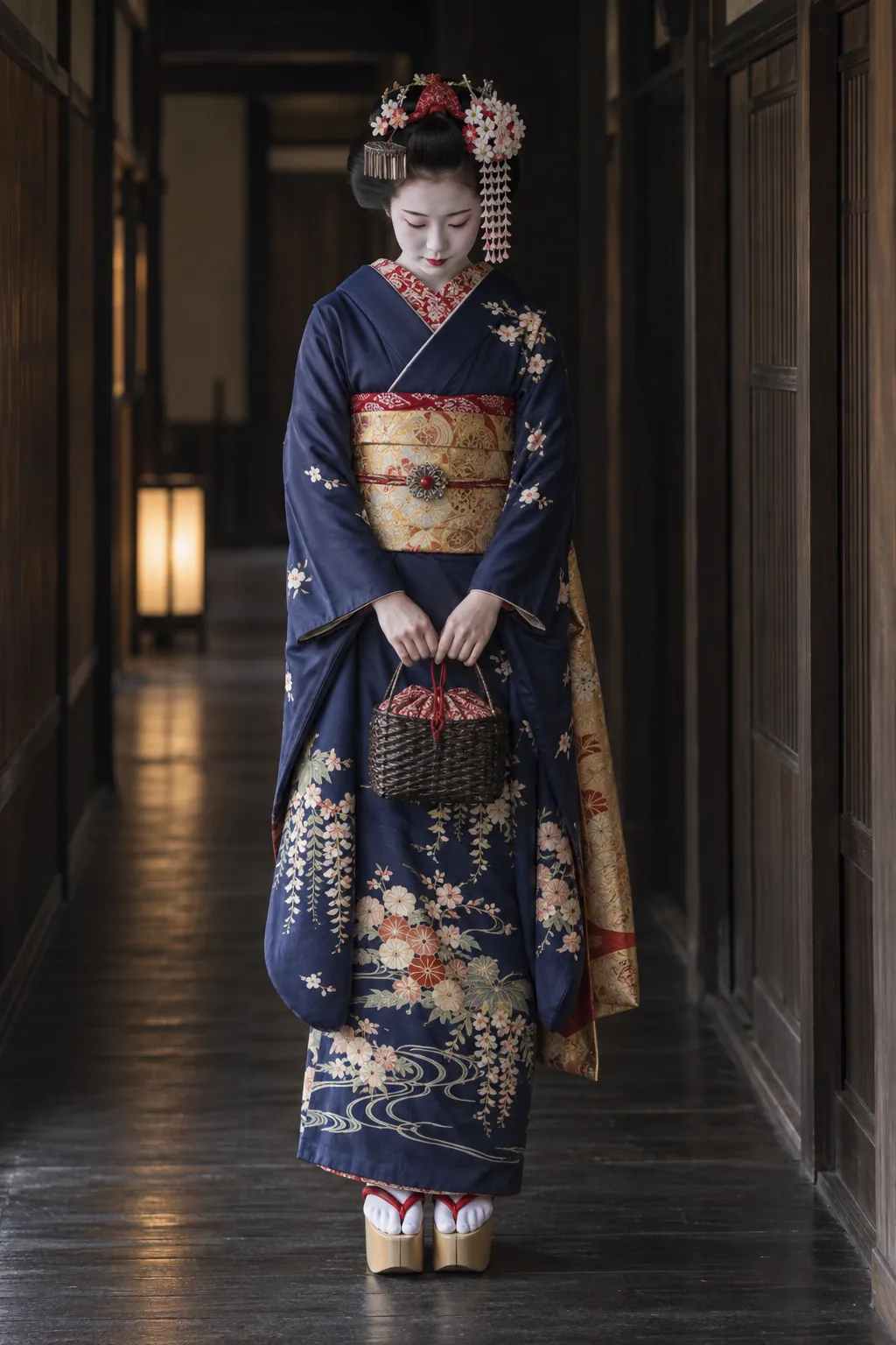 Full-length view of a maiko standing in a quiet corridor, face lowered and softly out of focus, showing the complete attire from kanzashi to okobo