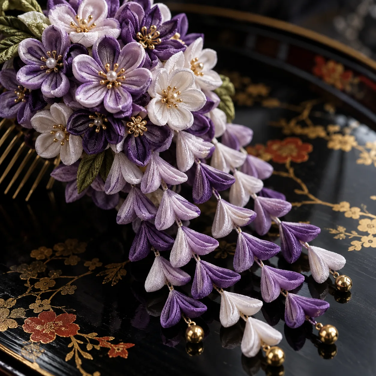 Close-up of a silk-flower kanzashi hair ornament with dangling petals, in wisteria purple and white