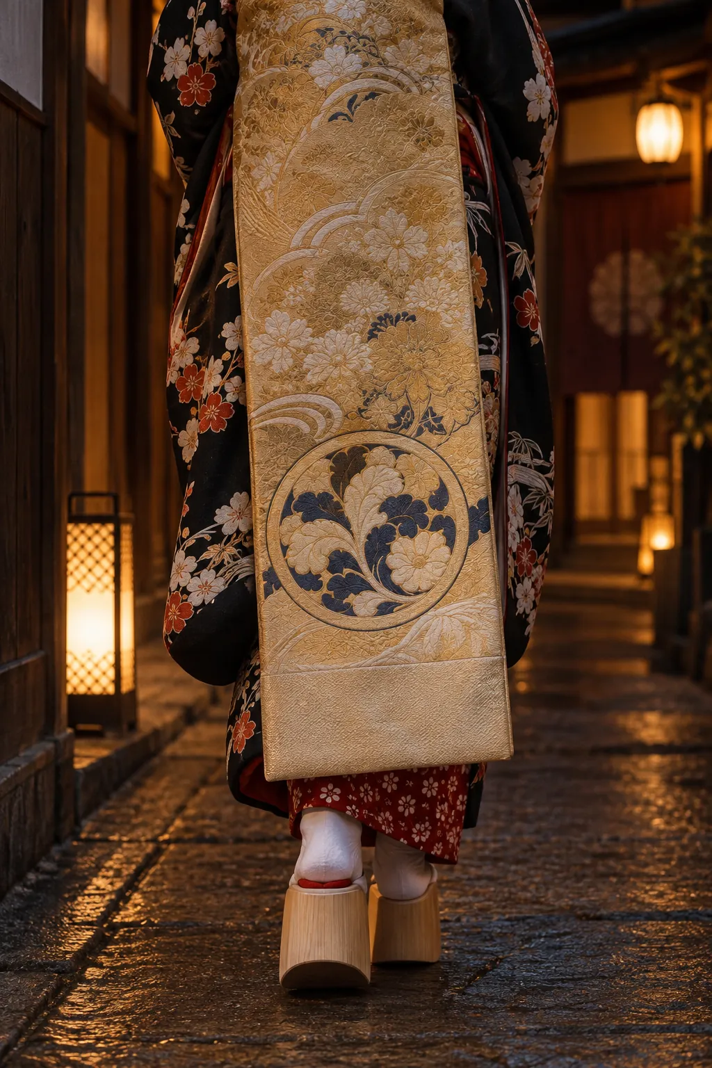 The end of a long darari obi hanging down the back of a maiko, with a circular crest motif, seen from behind