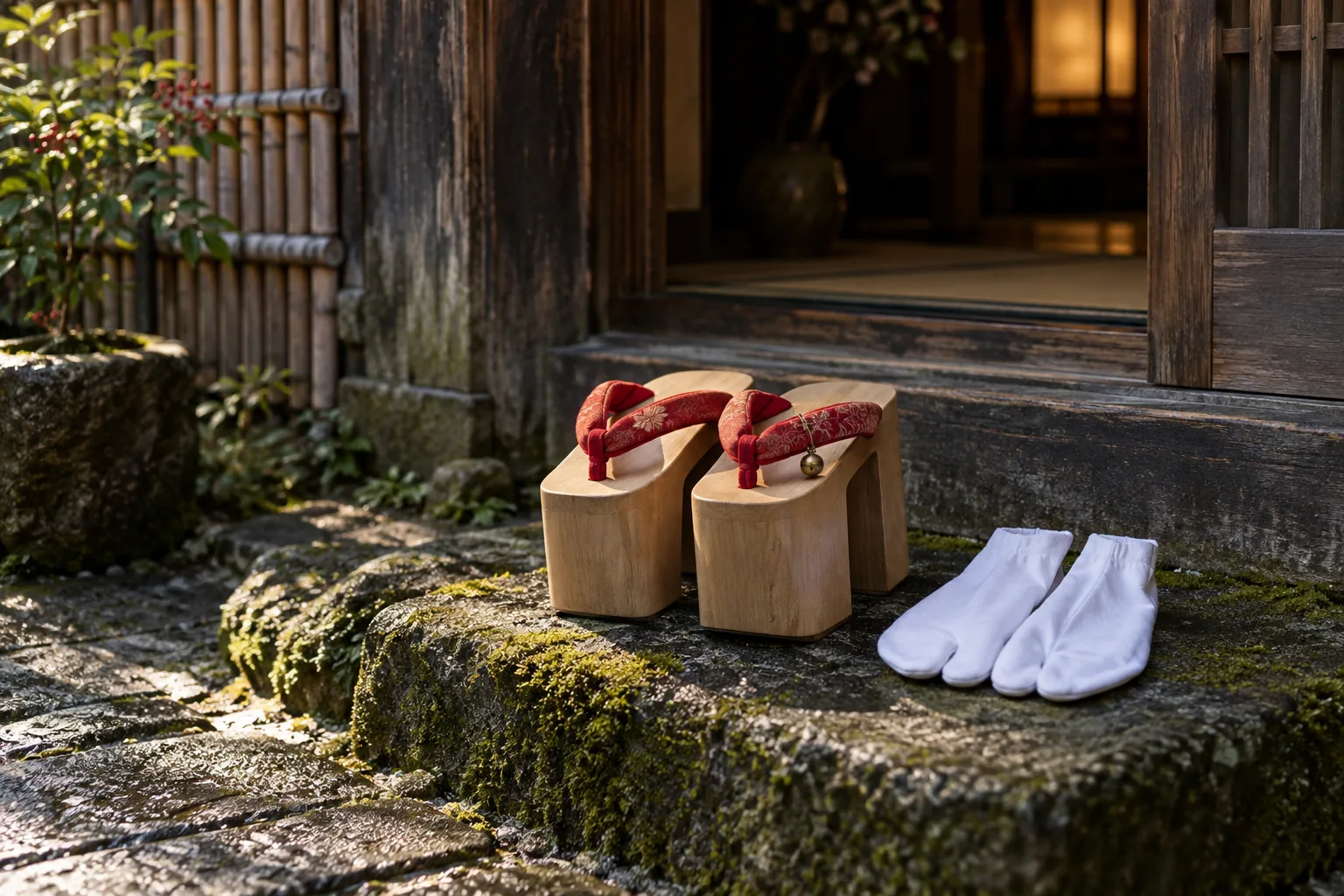 Tall wooden okobo sandals with red straps beside white tabi socks on a stone step