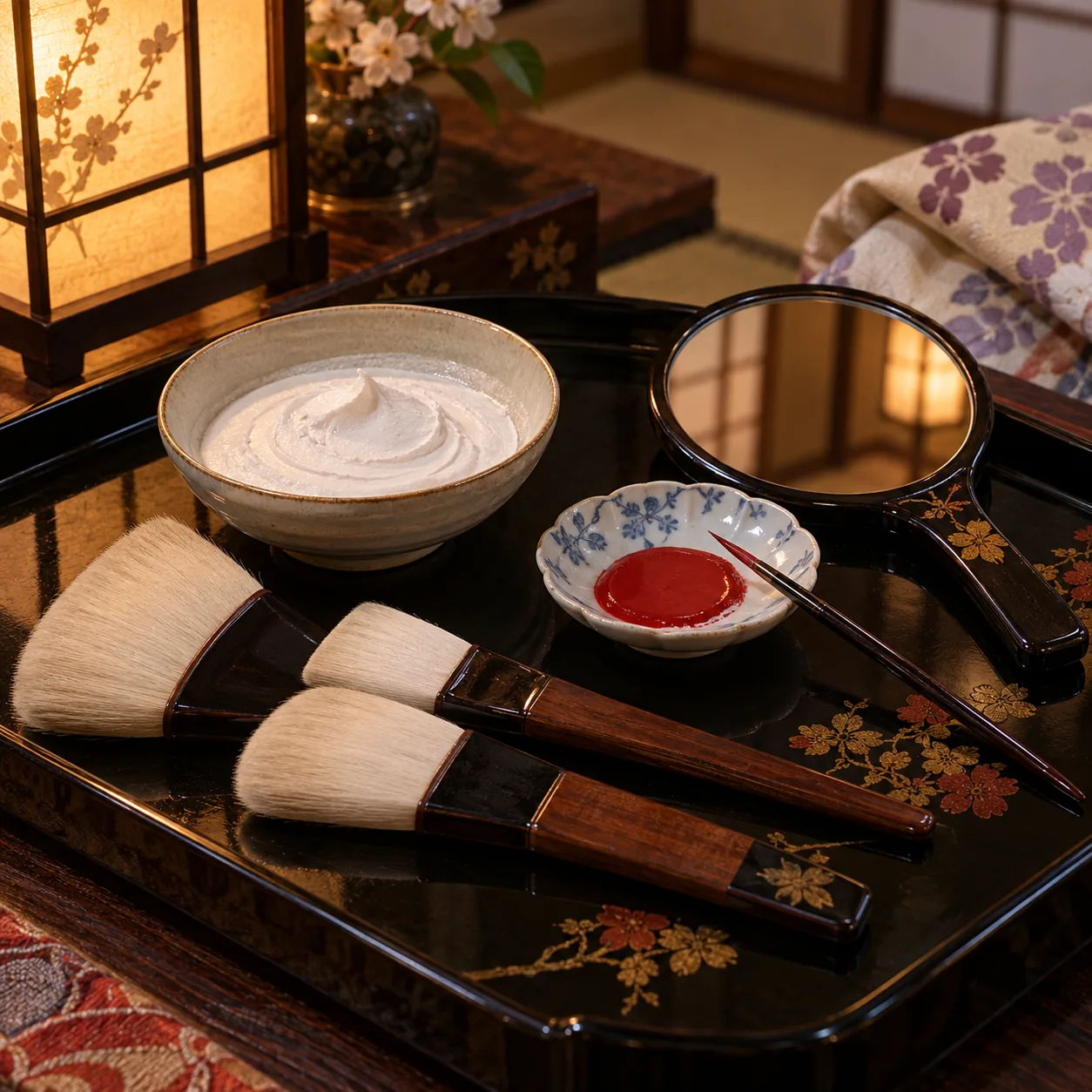 Traditional makeup tools on a lacquer tray: white oshiroi, brushes, a small dish of red beni