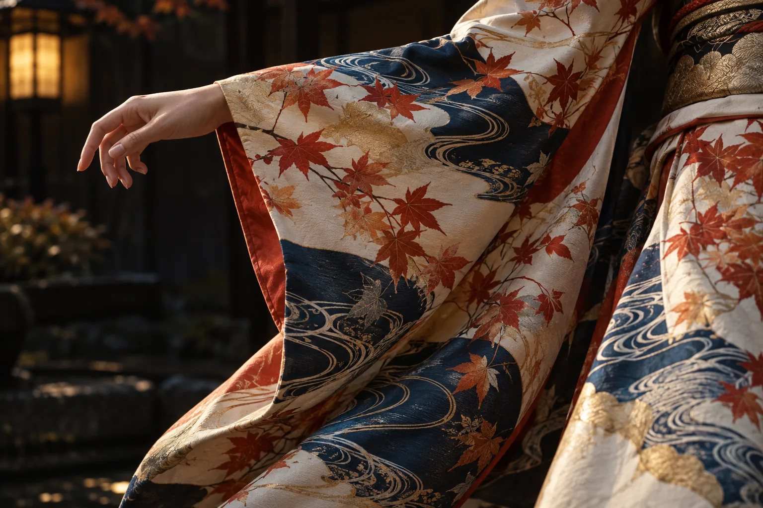 Long furisode kimono sleeves in motion, silk with a seasonal pattern