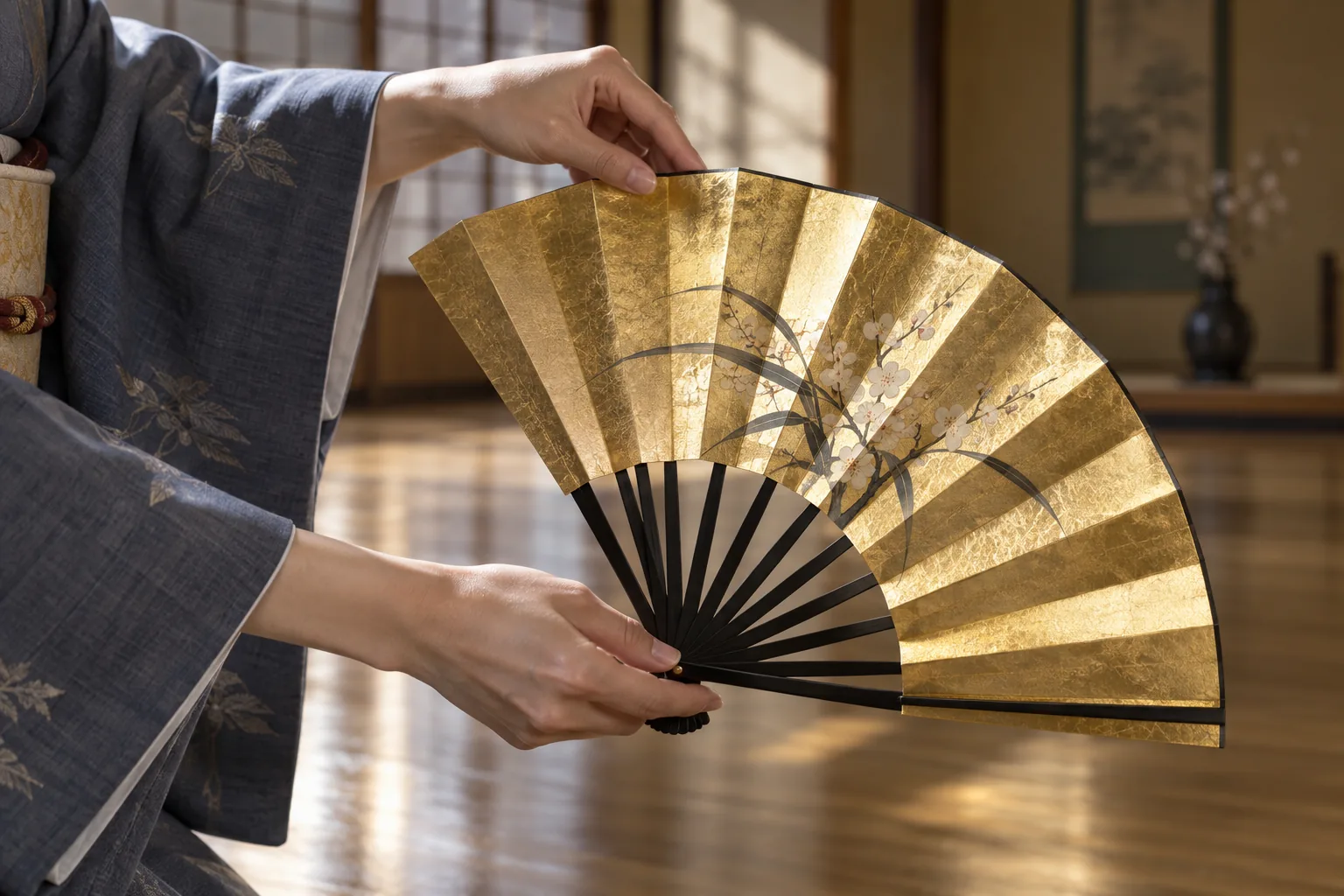 Hands opening a dance fan with a gold-leaf ground, kimono sleeve, polished wooden floor