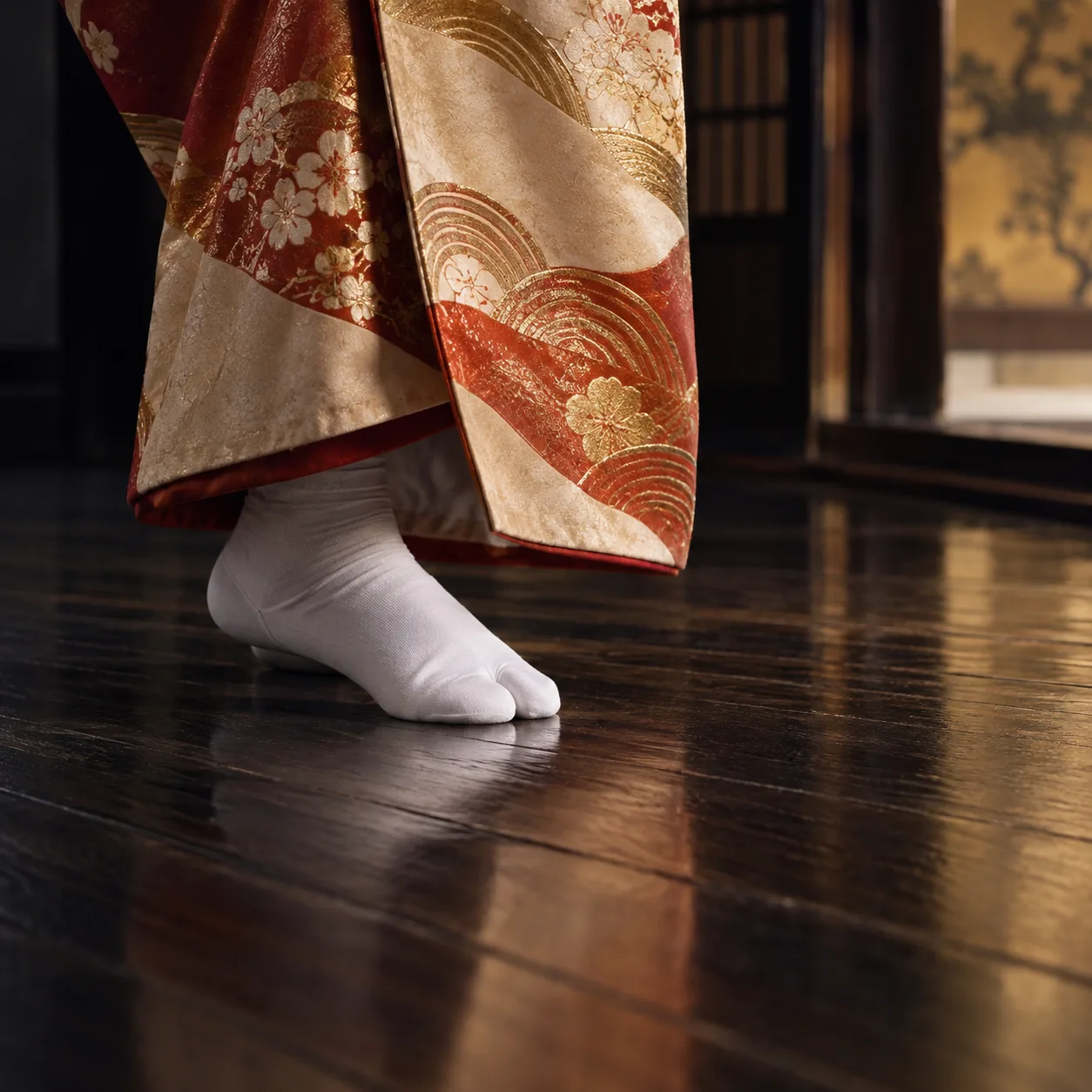 White tabi-socked feet in a sliding-step stance on a wooden floor, kimono hem above