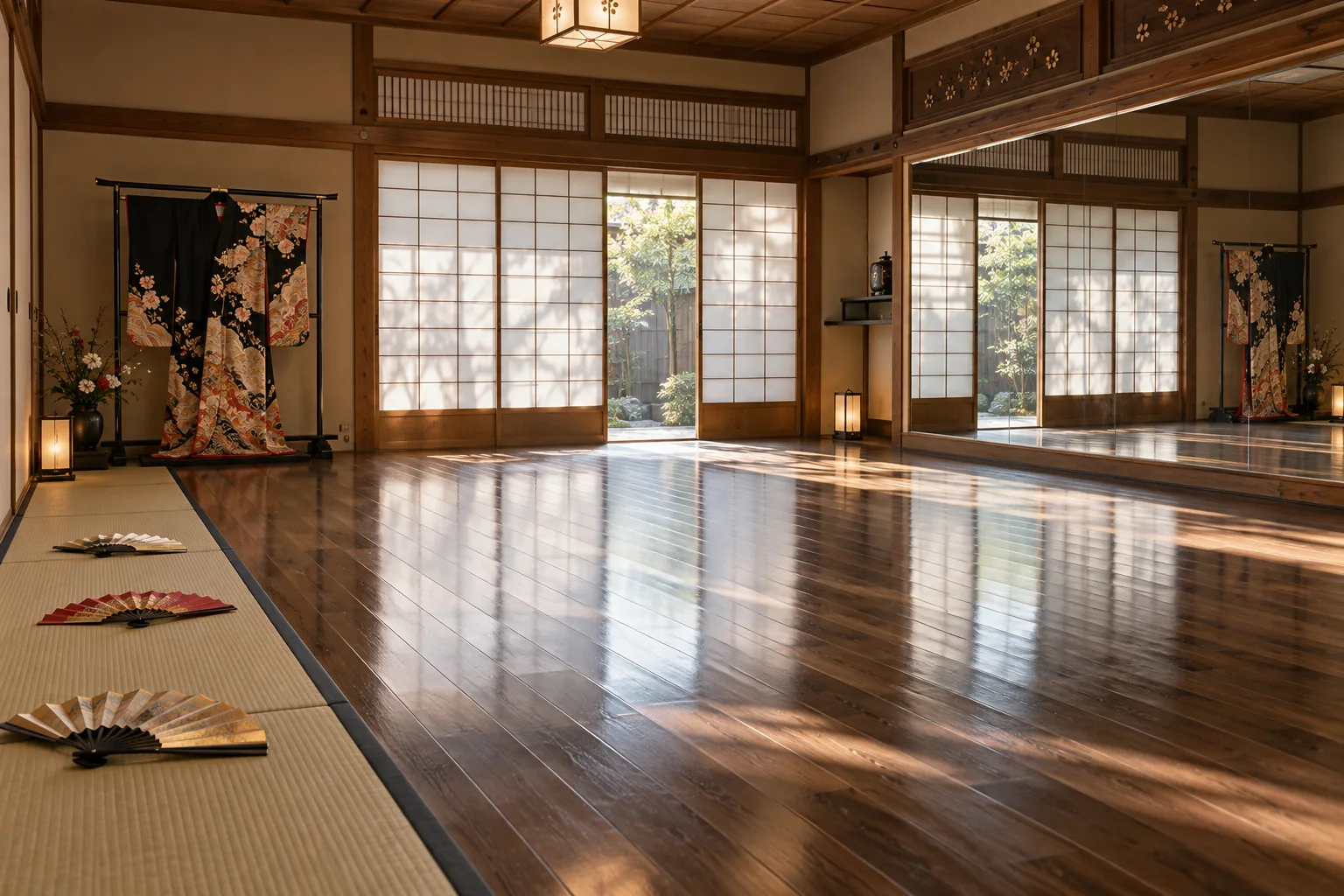 A Japanese dance rehearsal room: long mirror, polished wood floor, folded fans, morning light