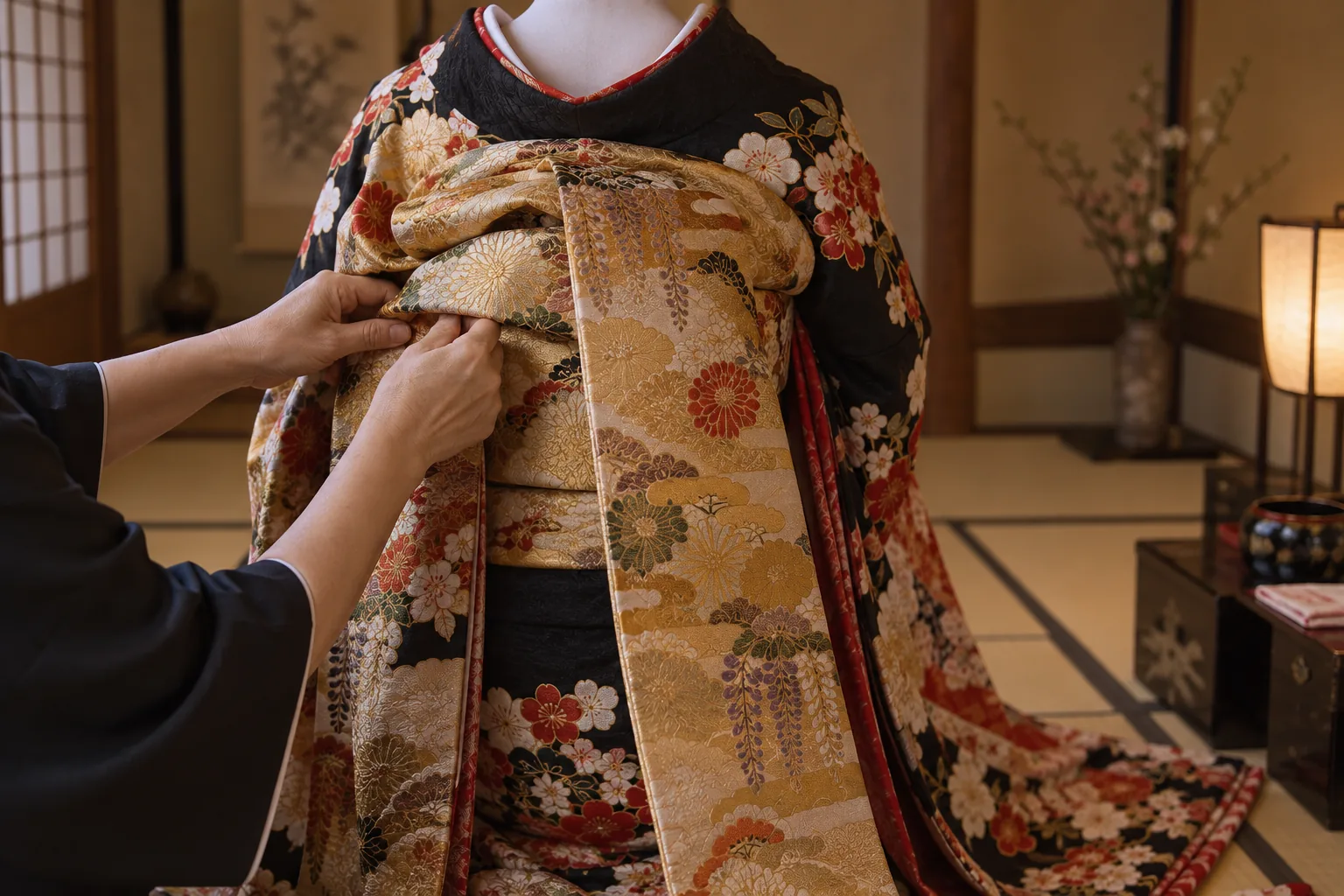 Hands of a dresser tightening a long brocade obi behind a maiko, seen from behind