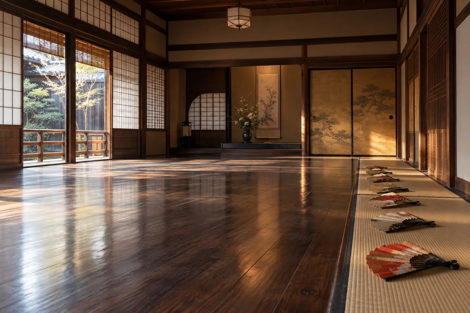 An empty Japanese dance practice hall: polished wooden floor, tatami edge, folded fans placed in a row, morning light
