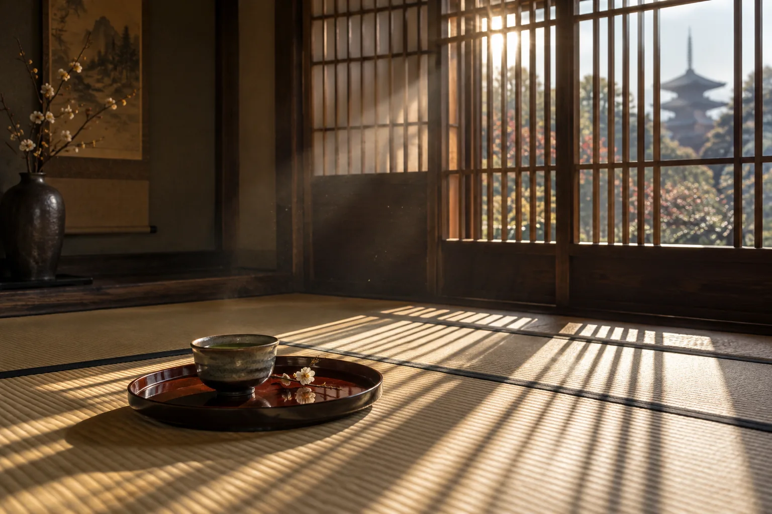 Morning light through a wooden lattice window onto tatami, a cup of tea on a tray