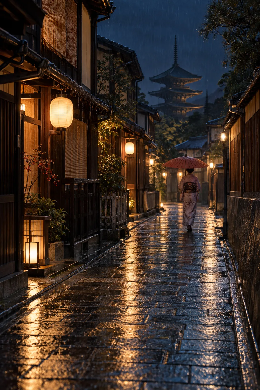 Night lane in Kyoto with lanterns; a distant figure in kimono with a paper umbrella walking away