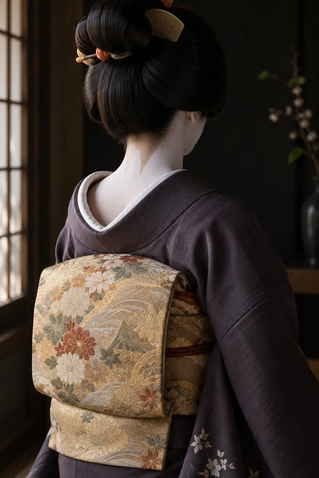Detail of a geiko from behind: white collar, subdued kimono, shorter obi tied in a taiko knot, formal shimada-style wig