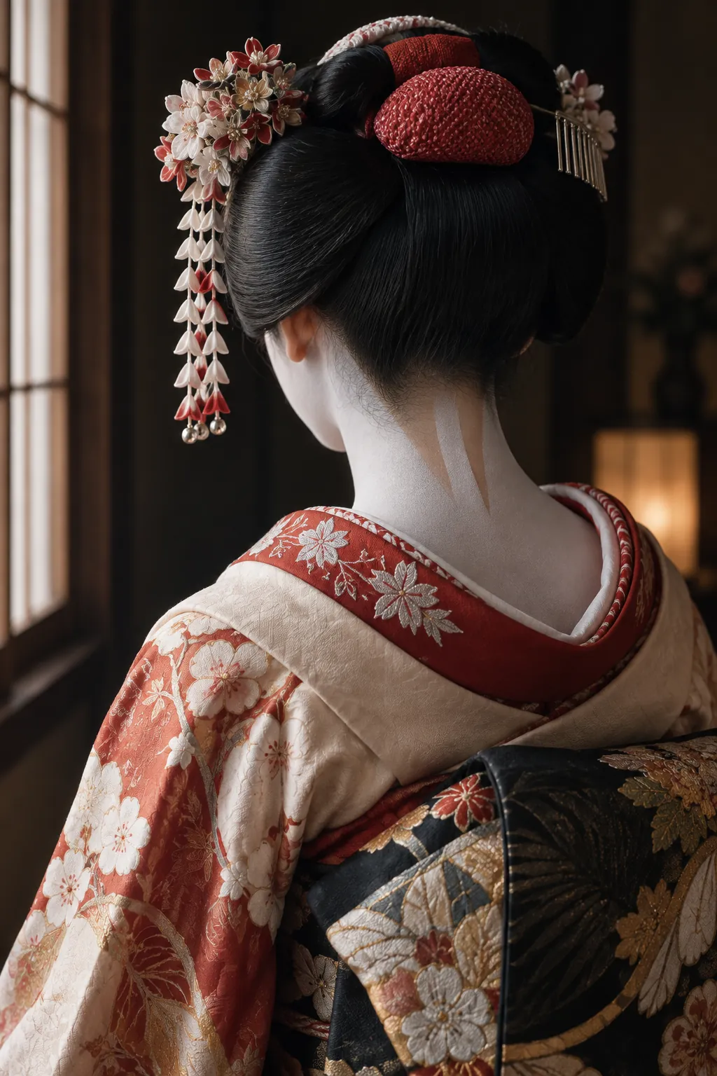 Detail of a maiko from behind: red embroidered collar, own hair with flower kanzashi and dangling silk petals, colorful furisode sleeve