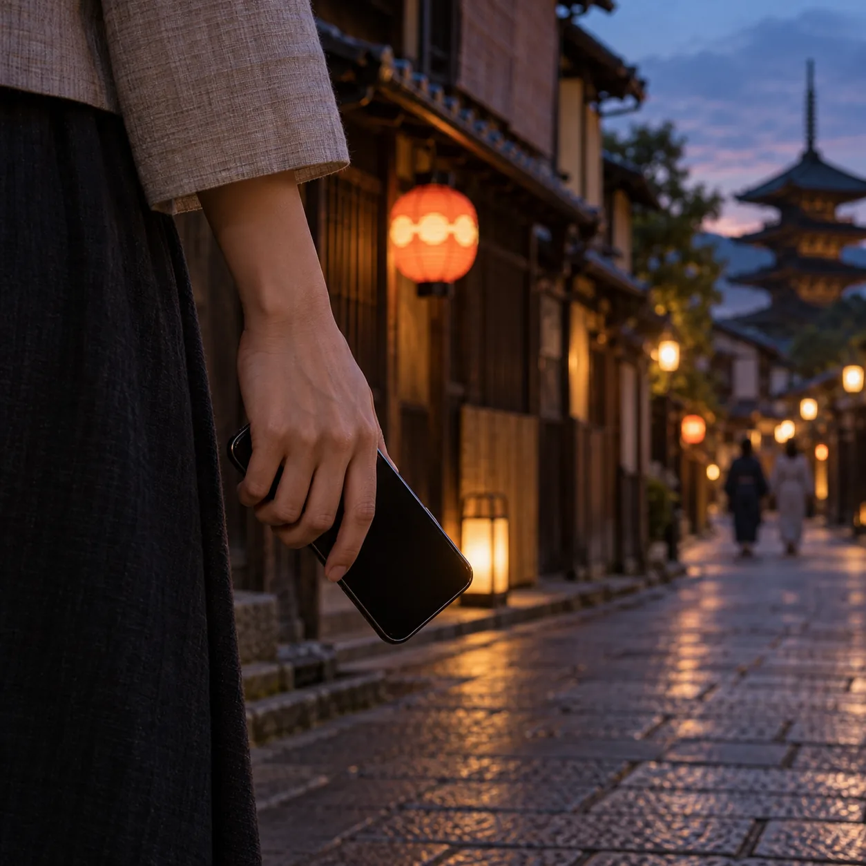 A hand lowering a smartphone, a blurred Kyoto lane behind