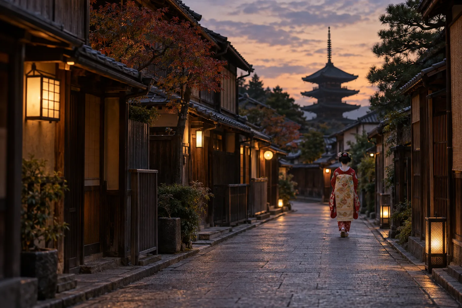 A maiko far down a lane, seen from a respectful distance from behind, no one following her