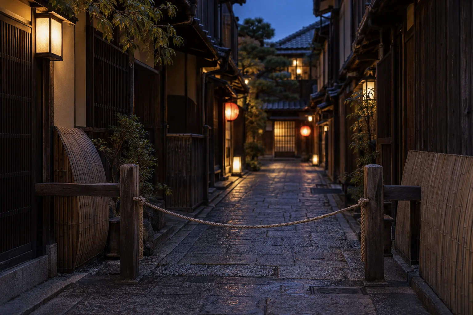 A narrow private alley between teahouses closed with a low wooden barrier, evening