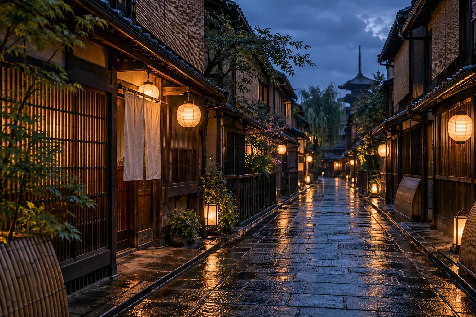 Hanamikoji-style stone lane in Gion at dusk, wooden machiya with lattice windows and warm lanterns, wet paving reflecting the light