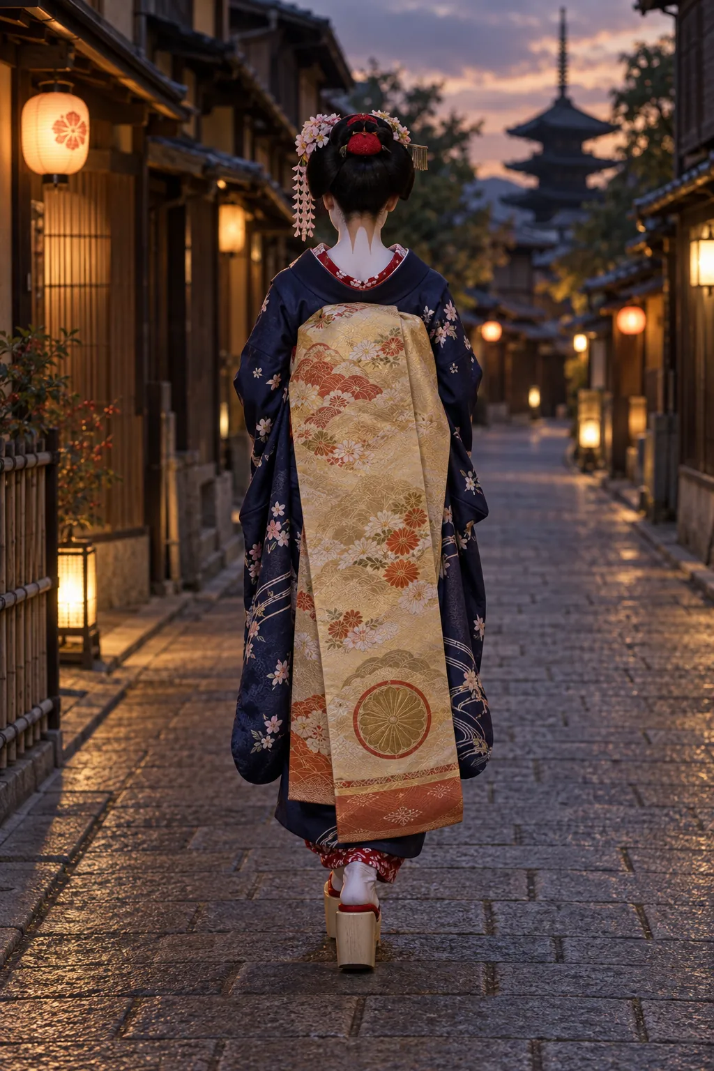 A maiko seen from behind walking down a quiet Kyoto lane at dusk, long darari obi trailing almost to the ankles, red collar with white embroidery visible at the nape