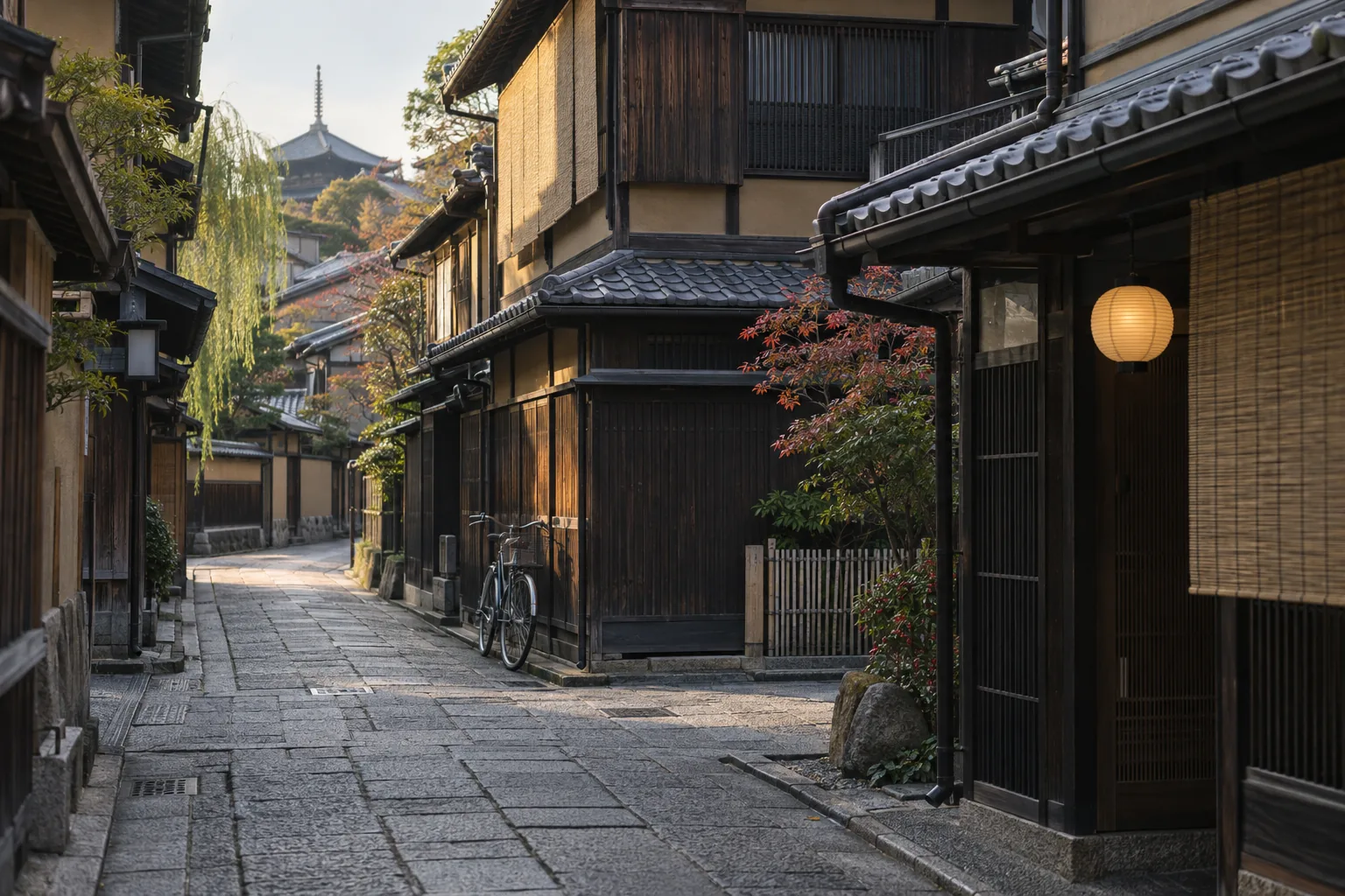 Morning lanes with tiled roofs, stone paving and lattice doors in a small quiet kagai