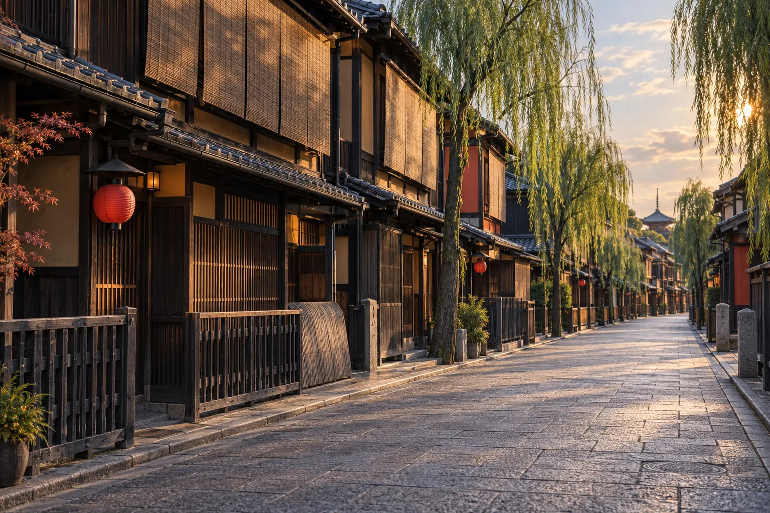 Stone-paved street of wooden teahouses with bamboo blinds and red lanterns in the Gion Kobu area