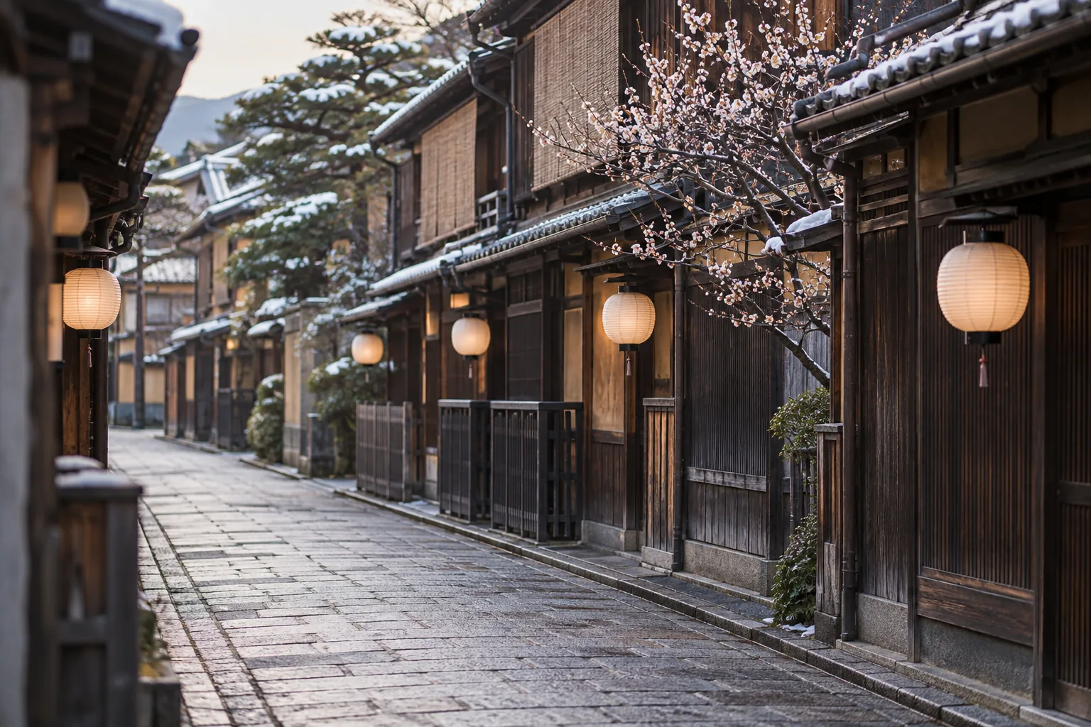 Teahouses with rows of hanging lanterns and a plum tree in blossom, quiet winter light