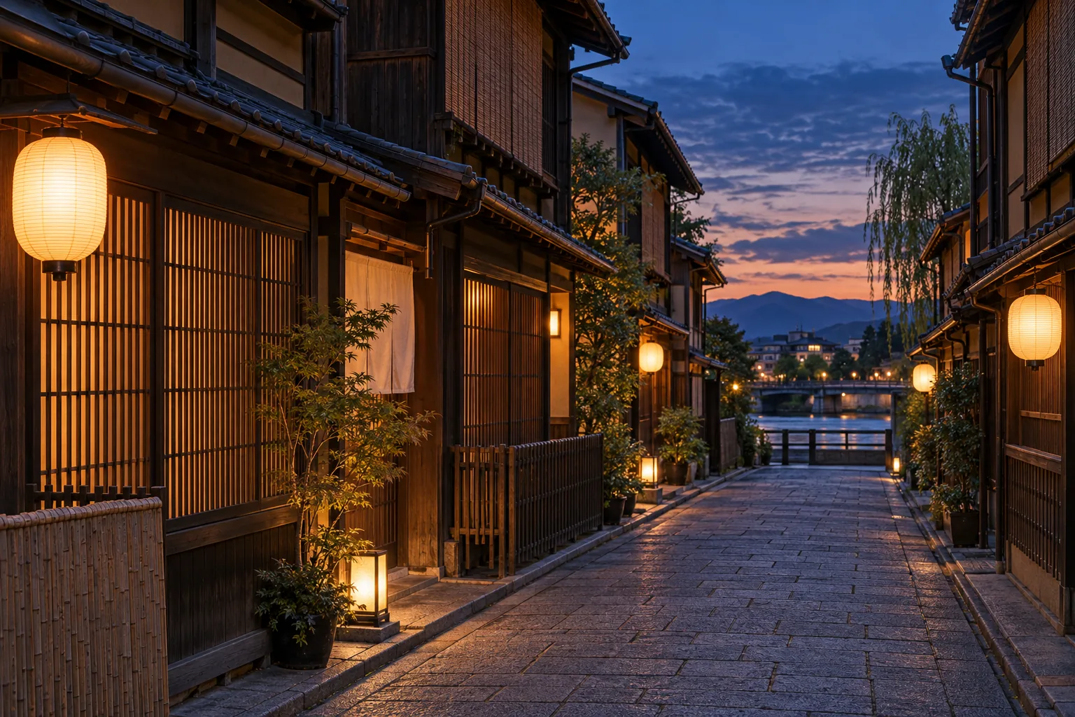 Quiet lane of wooden houses with lanterns near the Kamo River in the evening