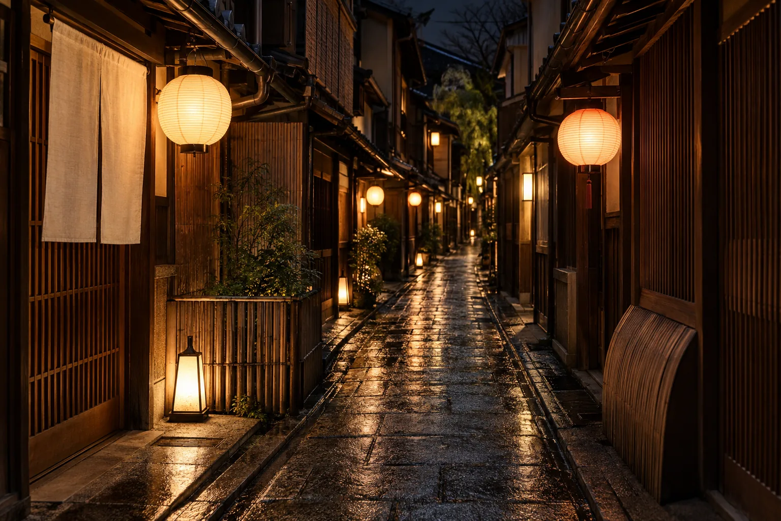 A very narrow alley at night with a line of glowing lanterns and closely packed wooden restaurants