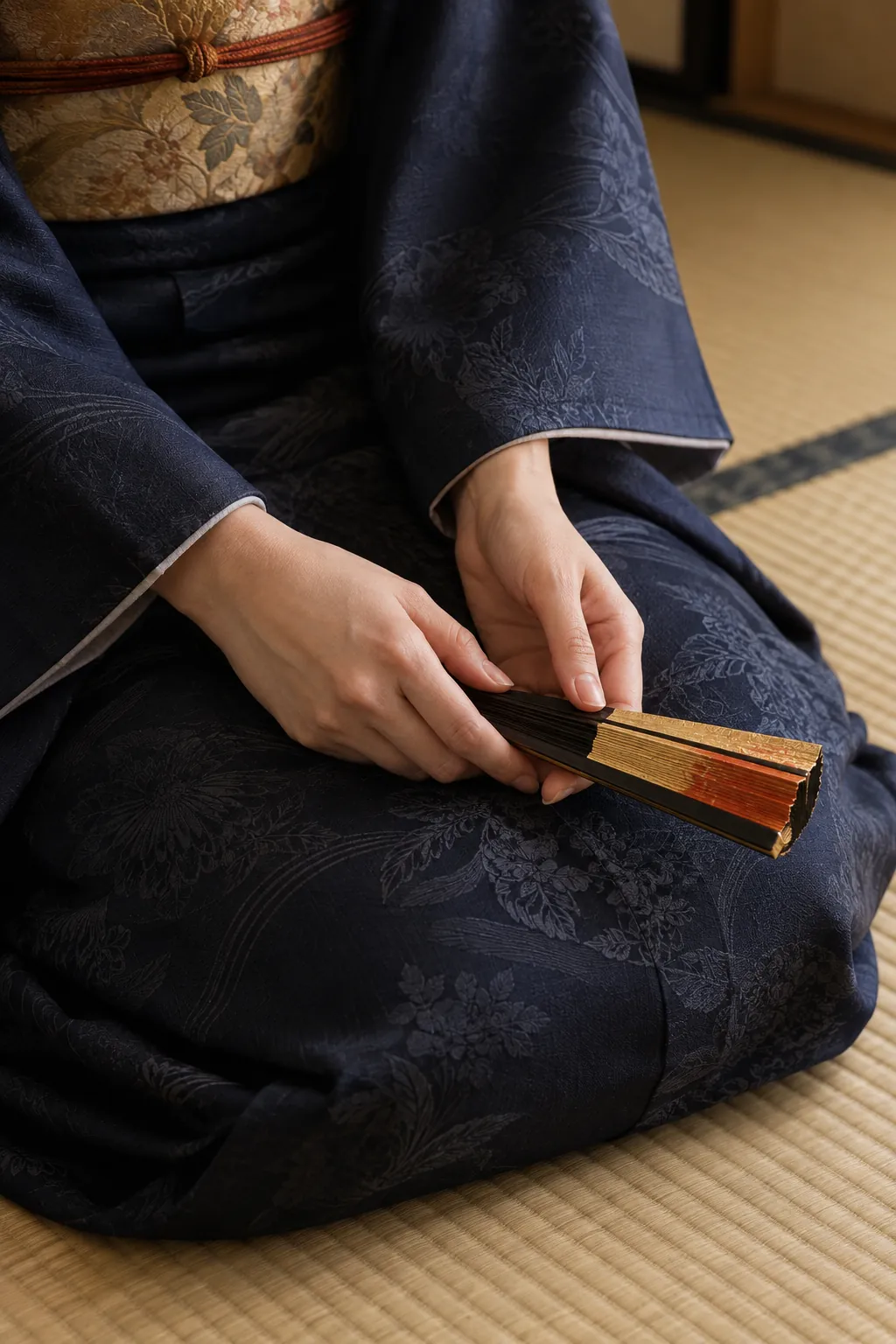 Hands in kimono sleeves holding a closed folding fan, resting on the lap