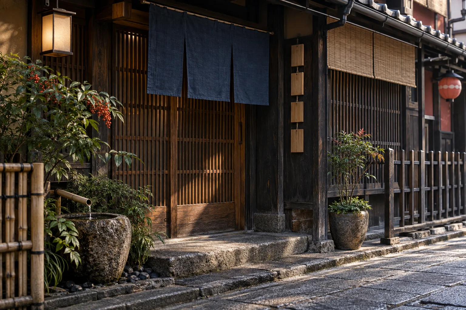 Entrance of a traditional Kyoto townhouse with a short noren curtain, lattice door and small blank wooden name plates, in morning light