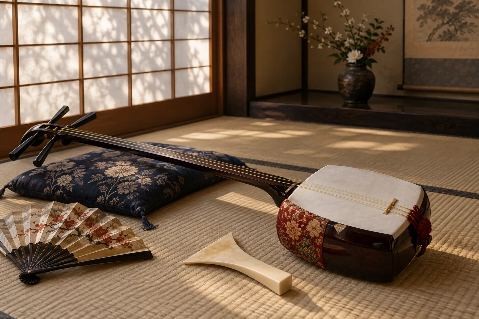 A shamisen resting on tatami with its plectrum, afternoon light from a shoji screen