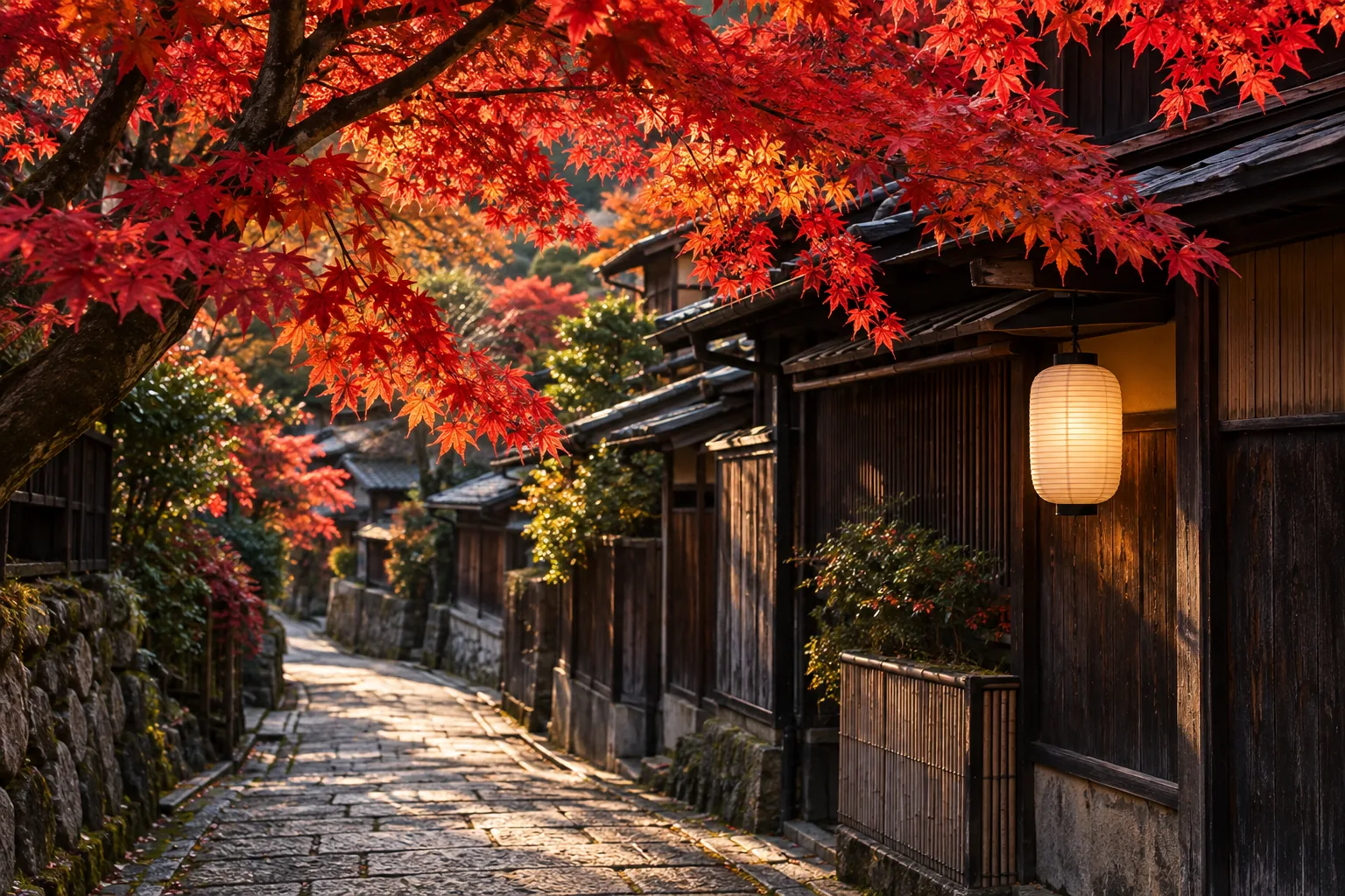 Red maple leaves over a stone lane with a single lantern in Kyoto
