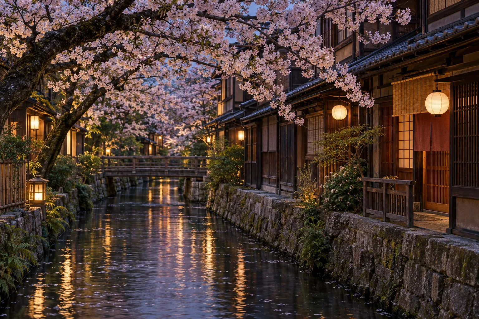 Cherry blossoms over a small canal lined with teahouses and lanterns in Gion