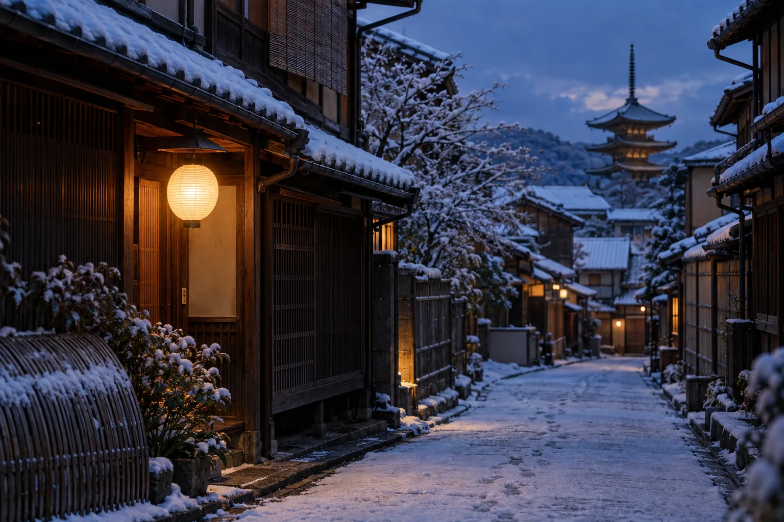 Snow on the tiled roofs of wooden townhouses and a glowing lantern in a Kyoto lane
