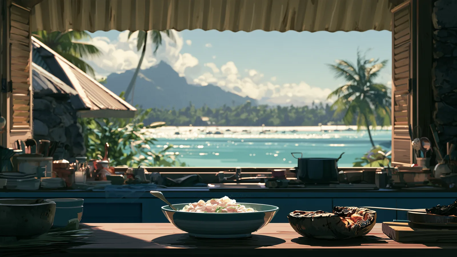 タヒチの夜の情景（AI生成イラスト・特定の店舗ではありません） / Tahiti at night (AI-generated illustration, not a specific venue)