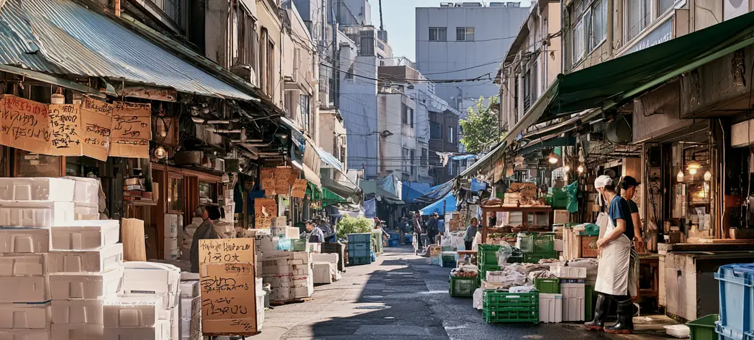 築地の路地を思わせる生成画像。特定の店を写したものではありません