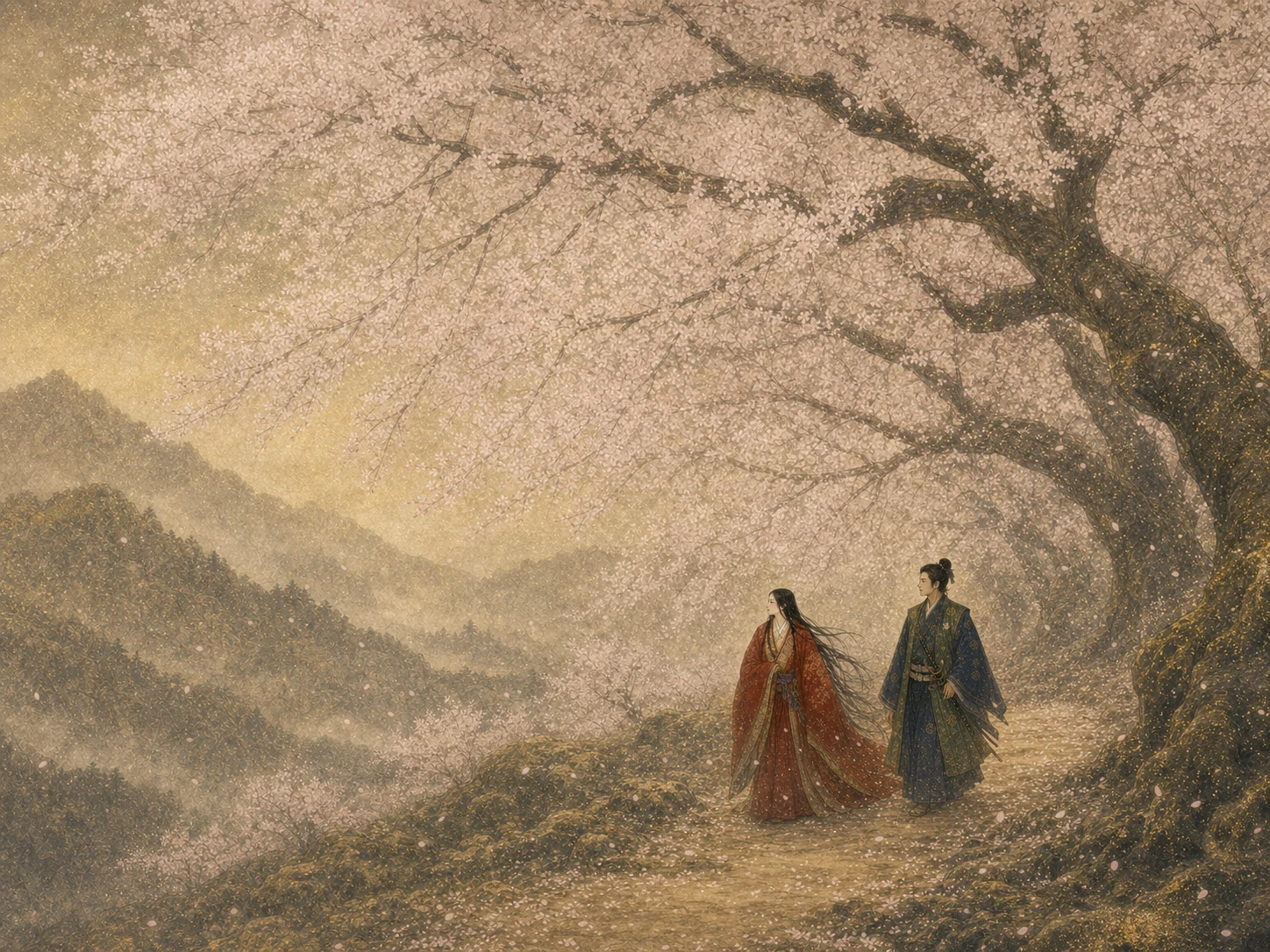 満開の大桜の下、吉野山の道を歩く静御前と忠信の日本画風イラスト