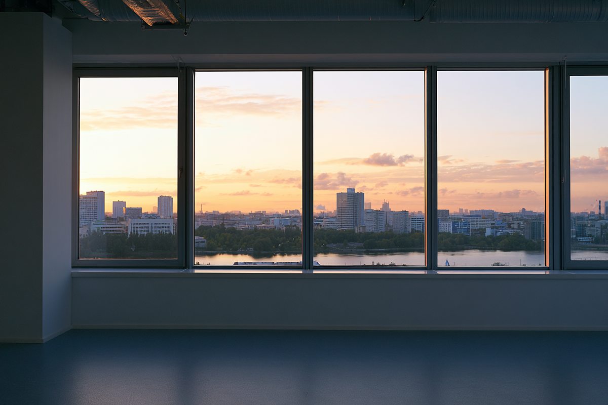 誰もいない部屋の大きな窓。遠くの街並みに夕方の光が落ちている
