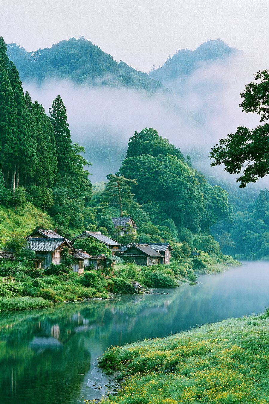 朝もやのかかる川と、岸に並ぶ古い木造の家並み