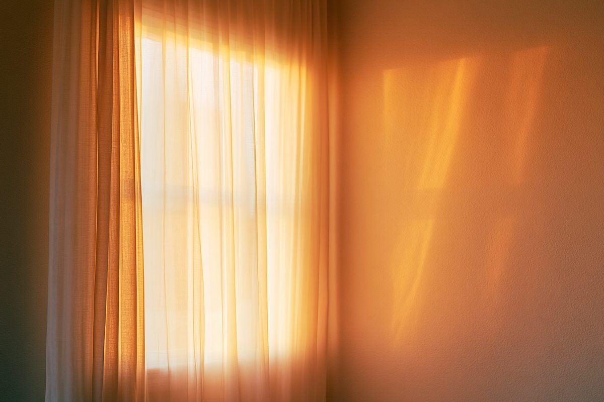 薄いカーテン越しに差す夕方の光と、壁にうつった窓の形